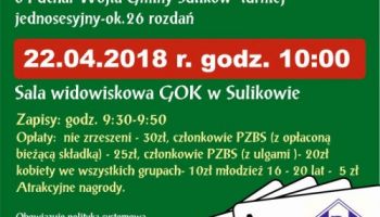 Klub Sportowy Bazalt Sulików zaprasza 22.04 o godz. 10:00 do GOK w Sulikowie na VI Turniej Brydża Sportowego Par 