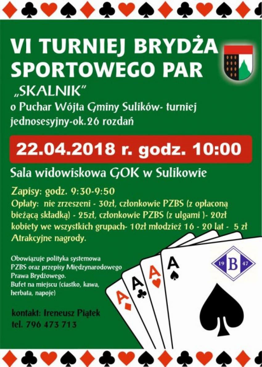 Klub Sportowy Bazalt Sulików zaprasza 22.04 o godz. 10:00 do GOK w Sulikowie na VI Turniej Brydża Sportowego Par "SKALNIK".