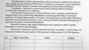 Petycja o przywrócenie dr Błaszczyńskiego do pracy.