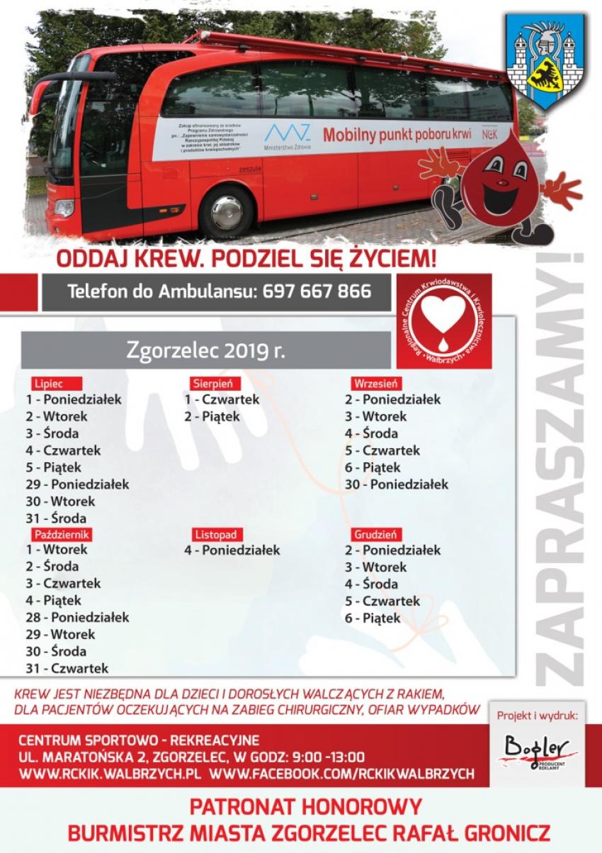Harmonogram 2019 stacjonowania mobilnego punktu poboru krwi w Zgorzelcu