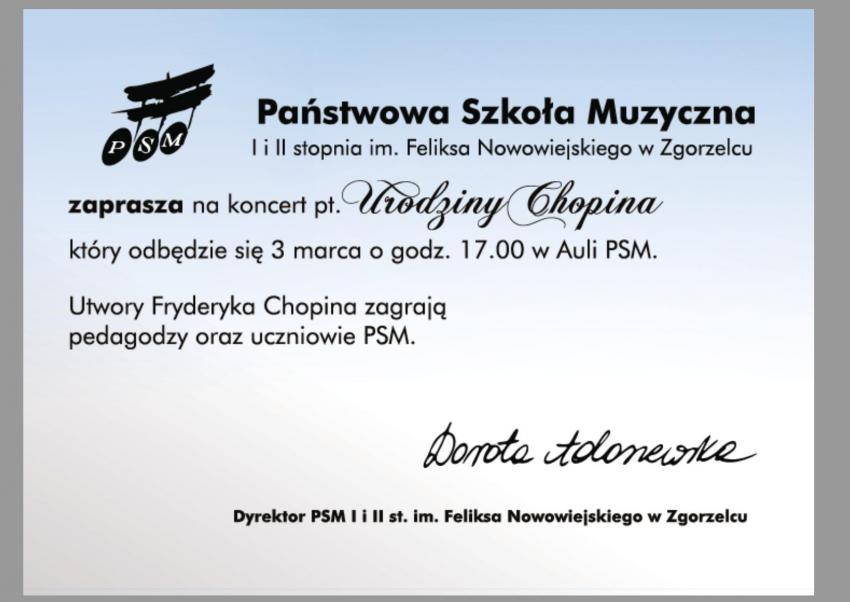 Zaproszenie na koncert pt. "Urodziny Chopina"