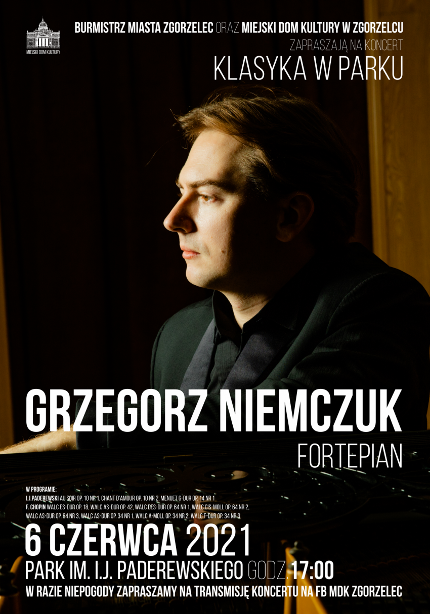 Koncert Grzegorza Niemczuka, 6 czerwca 2021 r. godz. 17:00, park Paderewskiego w Zgorzelcu