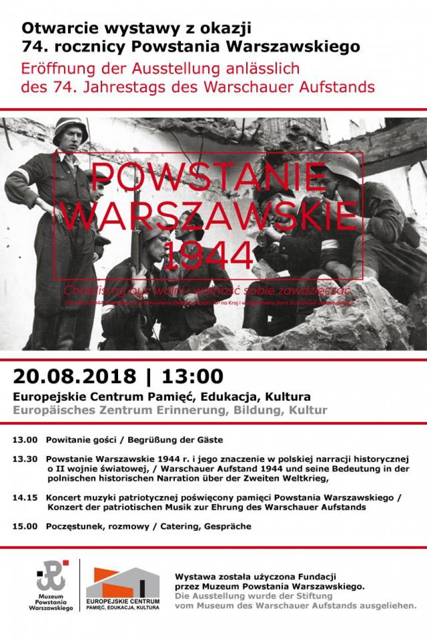 Zaproszenie na otwarcie wystawy z okazji 74. rocznicy Powstania Warszawskiego