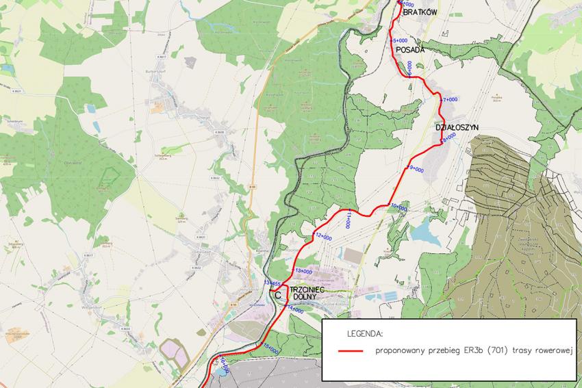 Planowany przebieg trasy rowerowej w ramach projektu „Rowerowa przygoda na Trójstyku"