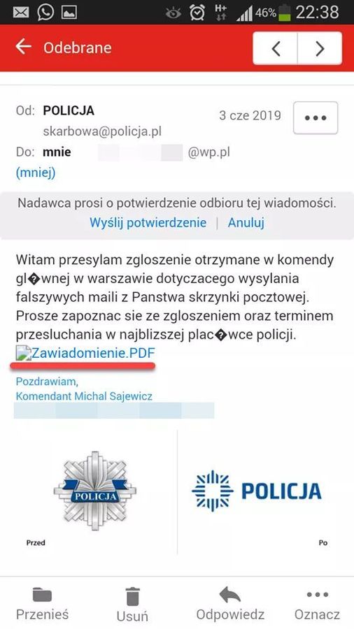 Przykładowa fałszywa wiadomość przesłana przez oszustów podających się za policjantów / Źródło: policja.pl