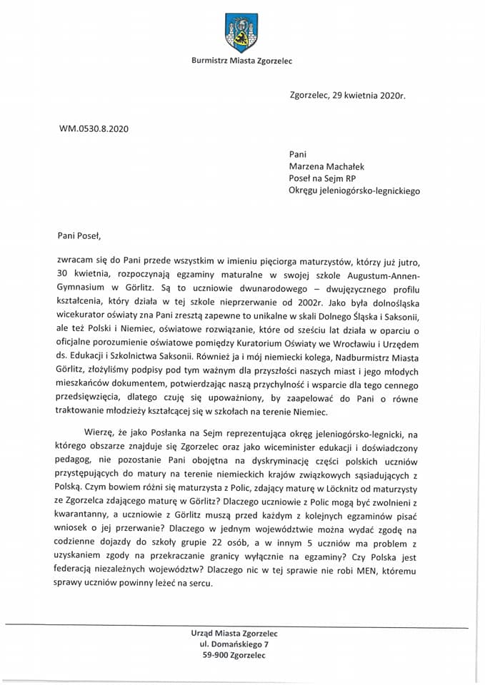 List do poseł Marzeny Machałek w sprawie maturzystów i uczniów mieszkających po jednej stronie granicy, a uczących się po drugiej