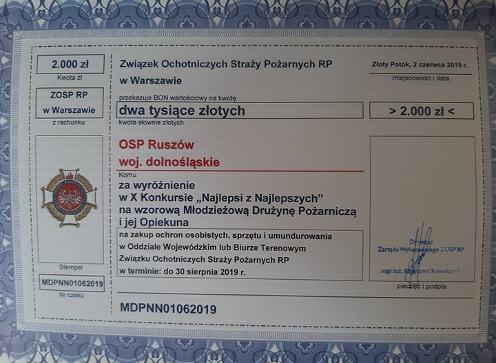 Bon o wartości 2 tys. zł na zakup sprzętu pożarniczego / fot. OSP Ruszów