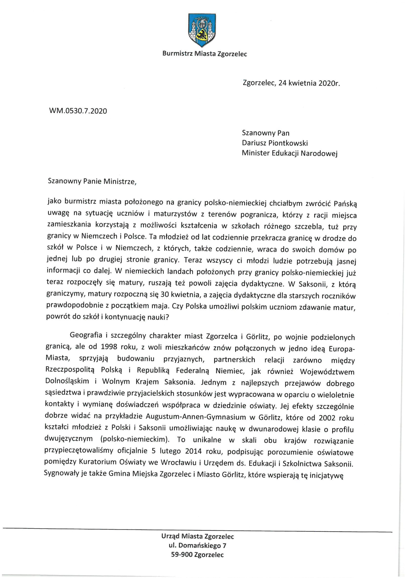 List burmistrza Rafała Gronicza do Misnistra Edukacji Dariusza Piontkowskiego w sprawie polskich uczniów uczących się po niemieckiej szkole