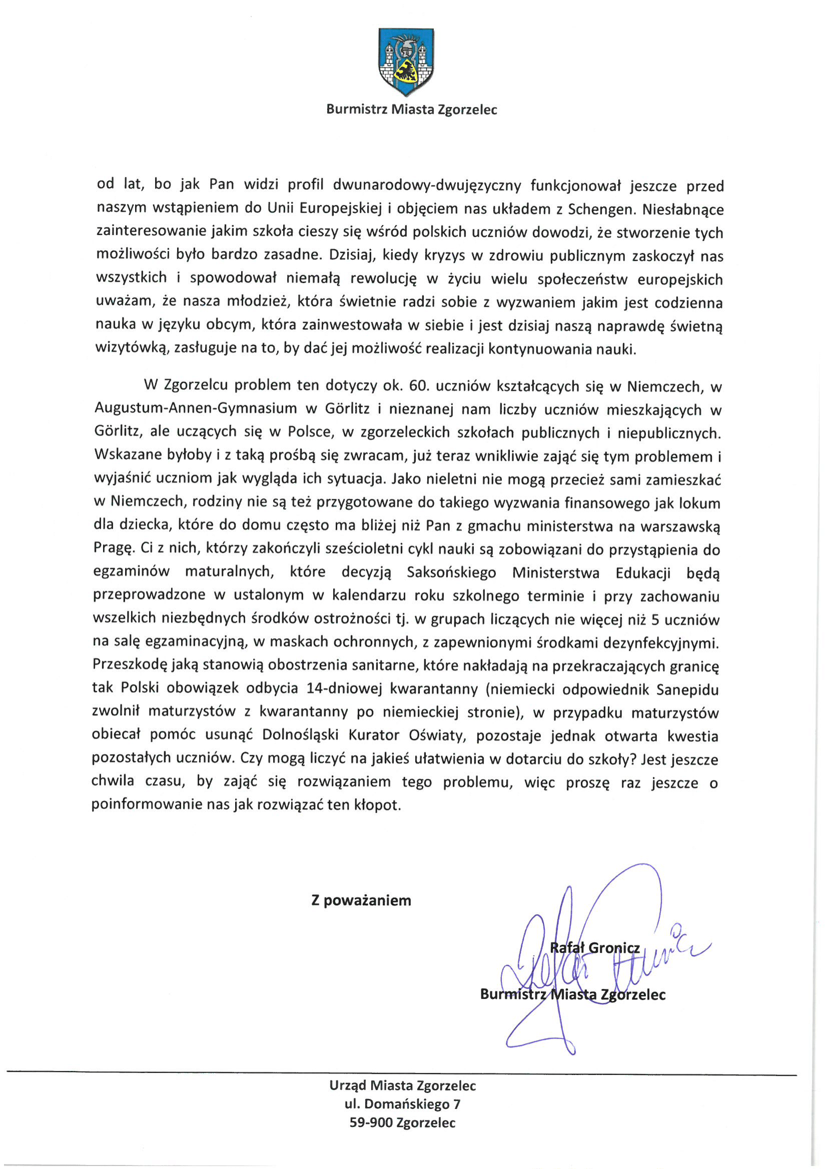 List burmistrza Rafała Gronicza do Misnistra Edukacji Dariusza Piontkowskiego w sprawie polskich uczniów uczących się po niemieckiej szkole