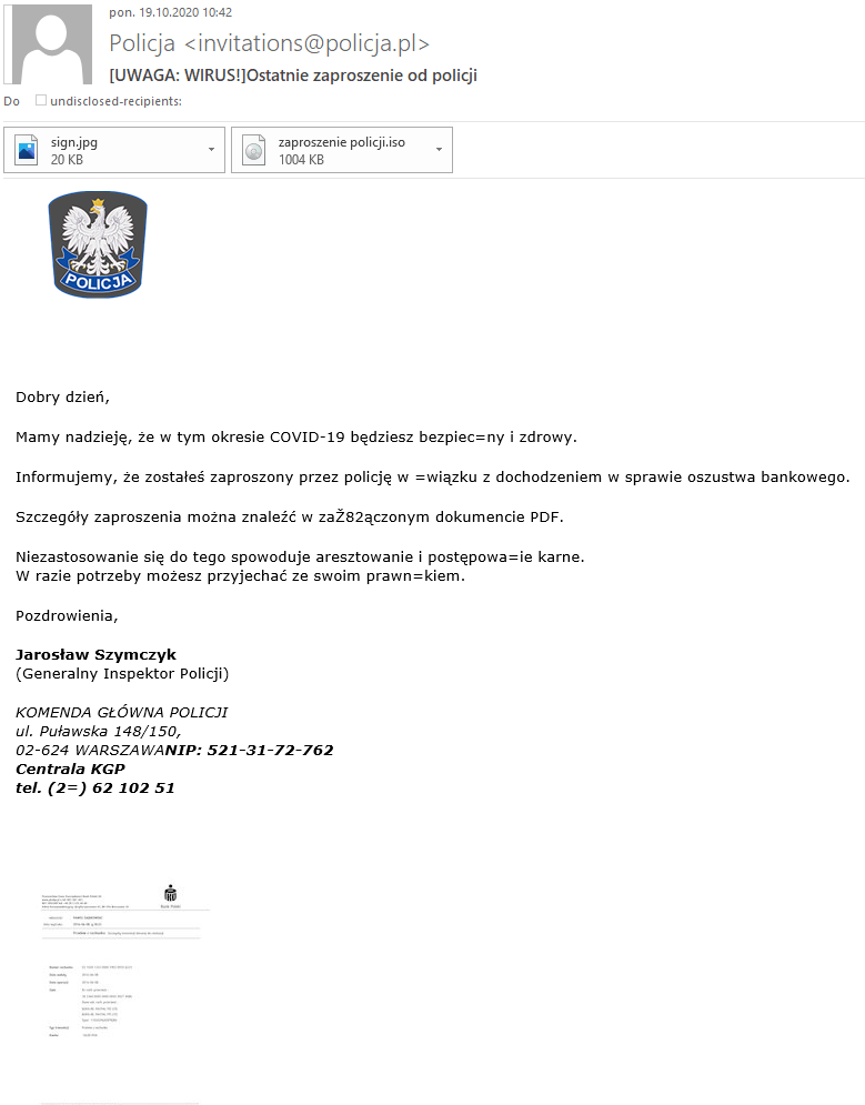 Przykład wiadomości phishingowej – oszustwo na „wezwanie na policję”